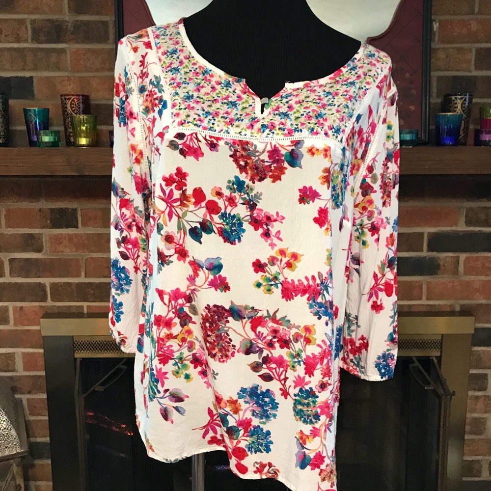 Bright floral mixed pattern boho peasant top